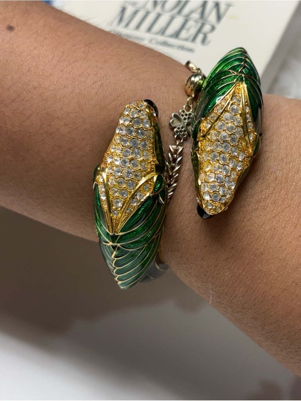 Nolan Miller Gold-Tone Cuff Bracelet with Green Enamel & Crystal Pavé